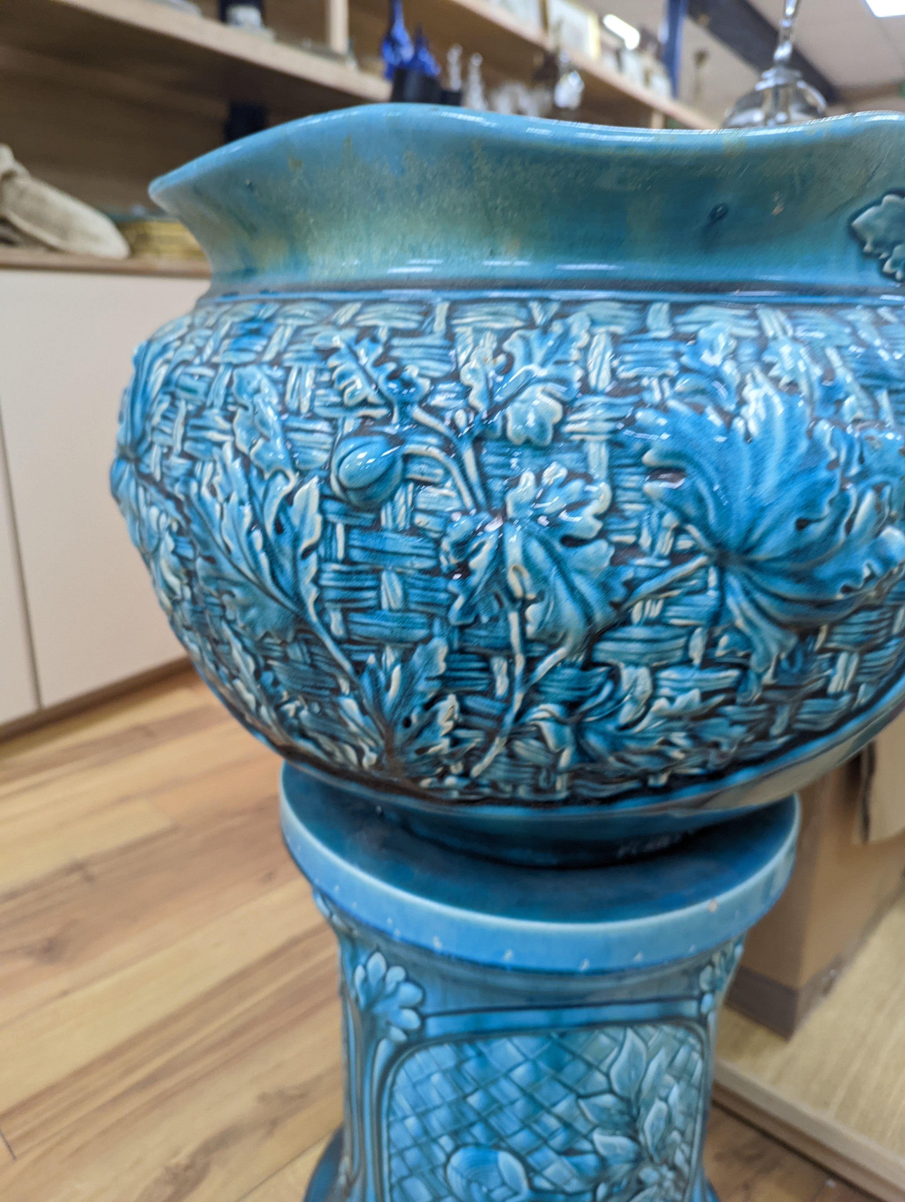 A Bretby turquoise-glazed jardiniere on pedestal 74cm